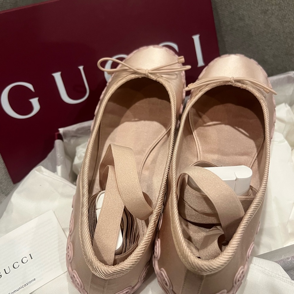 New Gucci Light Pink Ribbon Ballet Flats GG logo - Picture 14 of 15